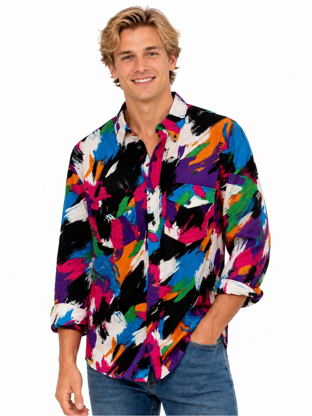 Vintage 1994 Roper Western Shirt Made USA Abstract Paint Print 90s Button Up XL